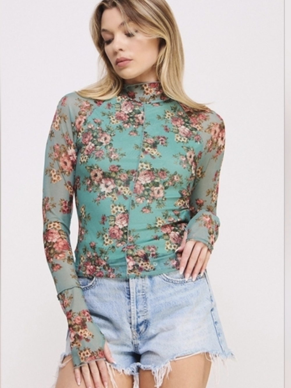Jade By Jane Teal Mesh Floral Sheer Long Sleeve Top With Thumb Holes, Sz 3X. NWT